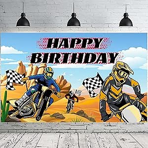 Motorcycle Happy Birthday Backdrop, 71''x43'' Dirt Bike Party Banner Motocross Birthday Background Photography for Dirt Bike Birthday Party Decorations