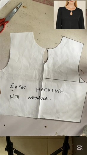 how to draft a basic neckline with key hole A basic neckline with a keyhole is a classic neckline design enhanced with a small opening (keyhole) at the front or back. This adds elegance and a stylish twist to simple tops, dresses, or blouses. 🔹 What is a Keyhole Neckline? A keyhole neckline features a small, rounded or teardrop-shaped cutout (the “keyhole”) near the neckline. It can be front or back and often closes with a button, hook, or tie. ✅ Features of a Basic Neckline with Keyhole: Neckl