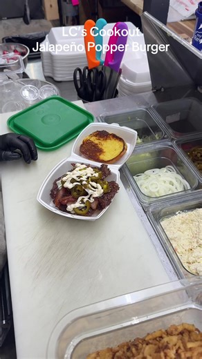 Making a Jalapeño Popper Burger at LC’s Cookout. 2 Smashed Patties with Pepper Jack Cheese, Mayo, Bacon, Pickled Jalepenos, and Fried Crispy Onions. Available for $8.49 everyday!