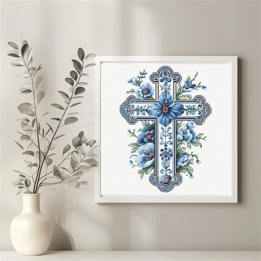 Cross Cross Stitch Pattern Instant PDF Download - Blue Christian Cross Watercolor Cross Stitch Hand Embroidery Christmas Religious Pattern - Etsy