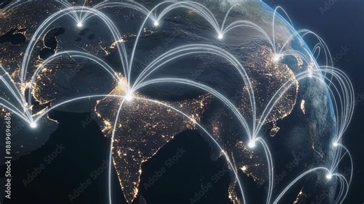 Global Network Connectivity Over Earth at Night Showing Digital Connections and Communication Paths.