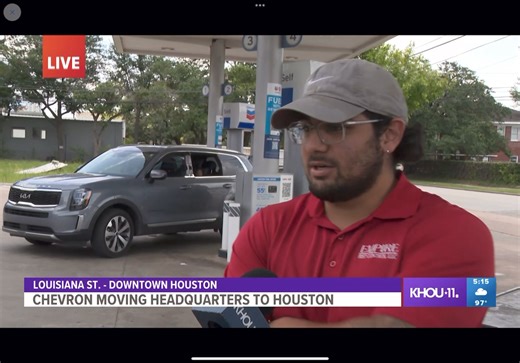 1.5K views · 28 reactions | Chevron moving its headquarters from California to Houston. The country’s second largest energy company will join the largest -ExxonMobil in making H-Town its hometown. You are faithful correspondent (& California native)￼ was very surprised to hear what our energy expert says is a key reason for the move….. | Shern-Min Chow KHOU | Facebook