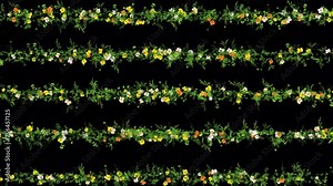 Colorful flowers and green grass lines pattern on plain black background