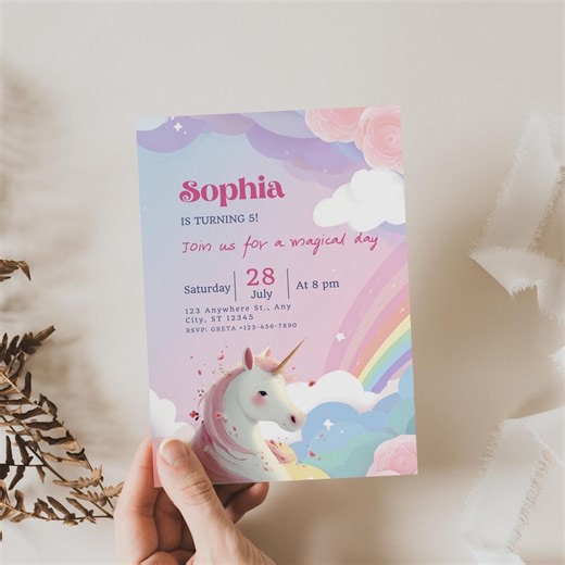 Pastel Rainbow Unicorn Party Invitation, Editable Canva Template, Instant Download, 5x7, Digital Download, Unicorn Party - Etsy