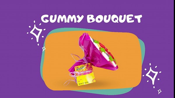 Raindrops Candy Bouquet of 29 Gummy Candies with Flowers, Petals, Leaves and Hearts - Looks Like a Bouquet of Flowers - 6” x 6” x 6” with a Gift Tag for the One You Love - Easy to Hold - Easy to Eat