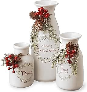 National Tree Company Pre-lit Artificial Christmas 3-Piece Decor Set | Flocked with Mixed Decorations | Ceramic White Bottles