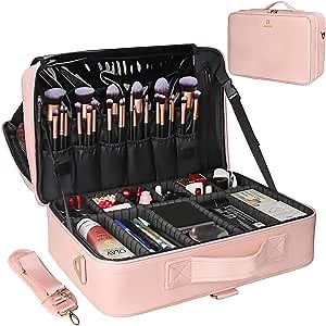 Relavel Makeup Case Large Makeup Bag Professional Train Case 16.5 inches Travel Cosmetic Organizer Brush Holder Waterproof Makeup Artist Storage Box, 3 Layer Large with Adjustable Strap (Pink)