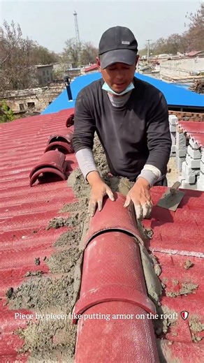 Hand-Laying Ridge Tiles for Waterproof Sealing 🧱#roofing #builder #construction