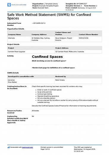 Confined Space Safe Work Method Statement // Editable SWMS doc