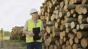 Logging foreman checks quality of sawn logs. Adult male engineer. Slow motion