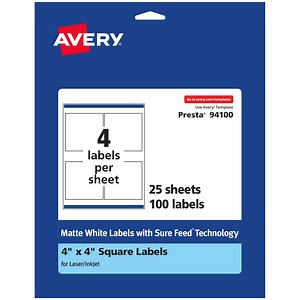 Avery Matte White Square Labels, 4" x 4", 100 Labels