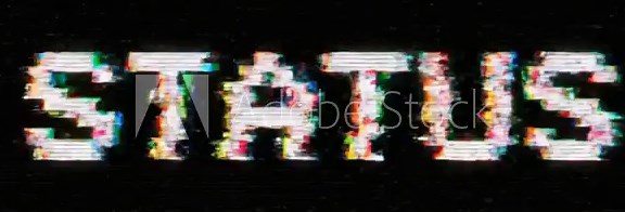 Pixelated STATUS text with chromatic aberration and digital distortion effect on a black screen. Perfect for monitoring and system update concepts
