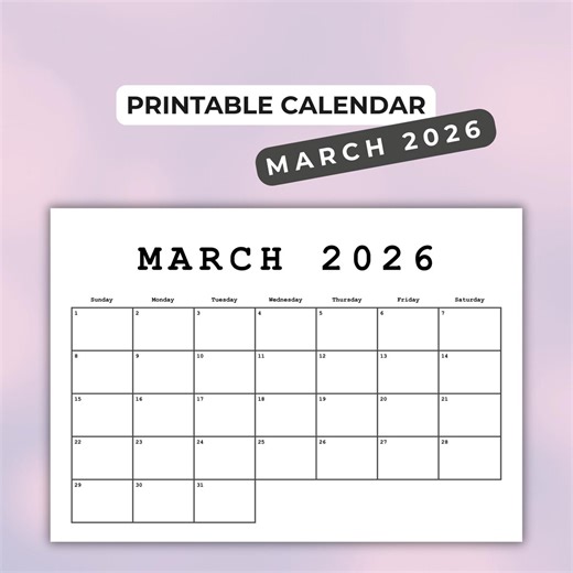 Simple Printable March 2026 Calendar A4 Minimalist Monthly Planner PDF Sunday Monday Start Instant Download - Etsy