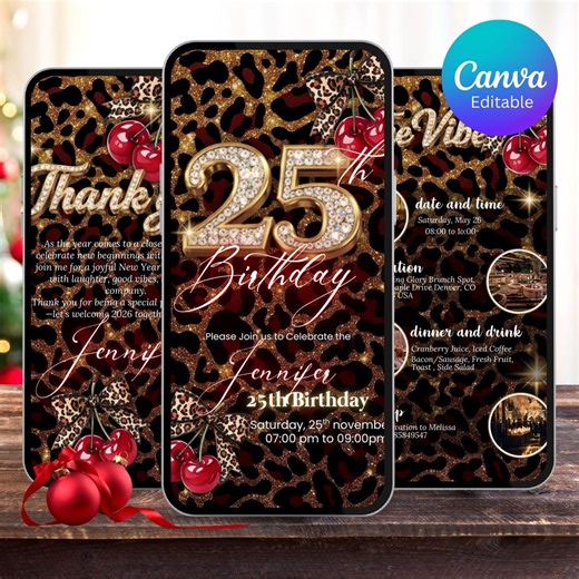 25th Cheetah Print Birthday Invitation & Vibes Leopard Print Evite, Animated Red Cherry Party Flyer, Adult Birthday Dinner and Drinks Invite - Etsy