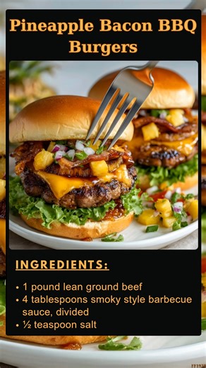 Pineapple 💒 Bacon BBQ Burgers 🥓 Oven-baked burgers with juicy pineapple, smoky bacon, and BBQ sauce—sweet meets savory perfection! Ingredients: 1 lb lean ground beef (93/7) 4 tbsp barbecue sauce, divided ..... Full Recipe in Coʍmеոτ 💬 😊 | Easy Recipe Mama's