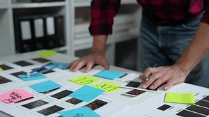 UX developers, UI designers think about designing creative mobile app interface layouts Application planning sketch Prototype development process with customer code and color code online business work