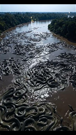 Thousands of anacondas moving through the Amazon River like living shadows #amazon #anaconda #forest