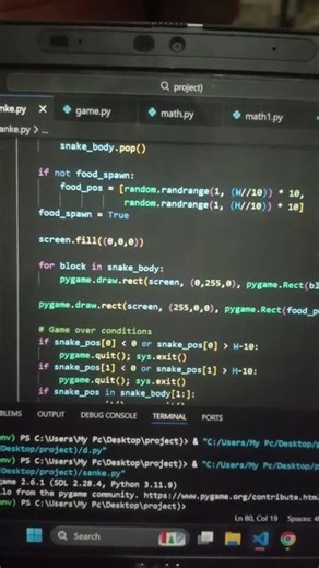 pygame in using snake game in python coding #shortvideo