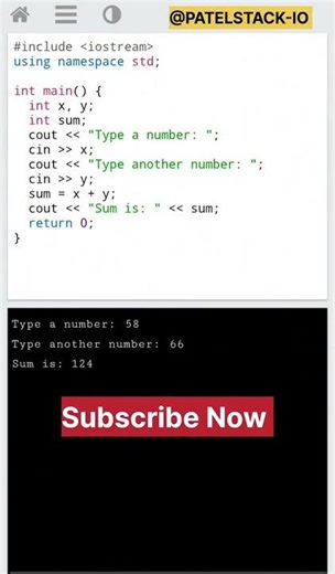 C++ Program to Add Two Numbers | Coding on Mobile for Beginners 📱#PatelStack-io #patel #cpp #c++