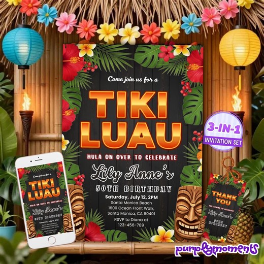 Tropical Tiki Luau Birthday Party Invitation Editable 3-in-1 Set Hawaiian Themed Printable Digital Download - Etsy