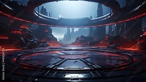 Futuristic sci-fi landscape with a glowing platform in the center. Perfect for game backgrounds, intros, and more.
