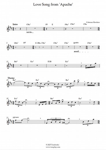Love Song from 'Apache' (Tenor Saxophone) (Coleman Hawkins) - Saxophone Sheet Music