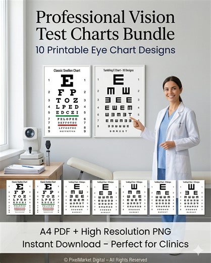 Printable Eye Test Charts Bundle | 10 Eye Exam Charts | Snellen Chart, Tumbling E, Landolt C | Kids Adults Vision Test | Home & Medical Use