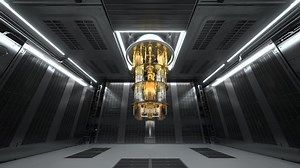 Inside the Quantum Computer Lab, cinematic camera zoom shot.