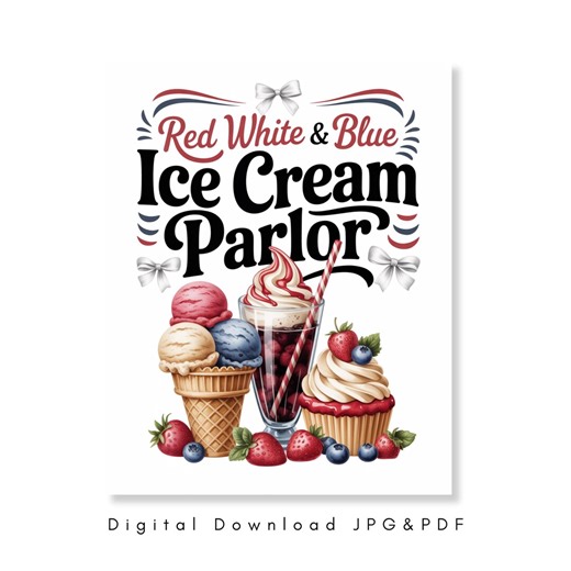 Fourth of July Ice Cream Parlor Wall Art Print Vintage Patriotic Farmhouse Kitchen Decor Americana Summer Dessert Shop Sign Digital Download - Etsy