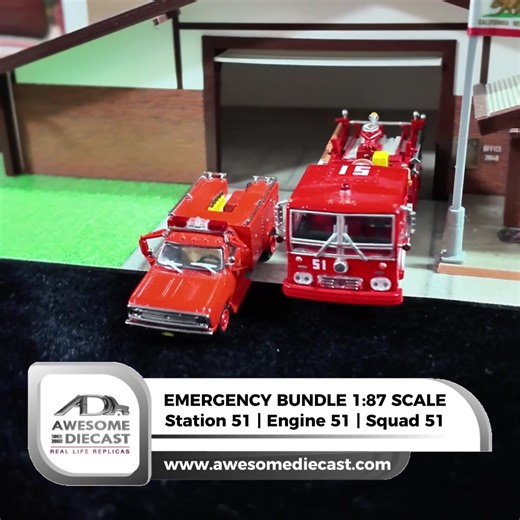 Emergency Bundle Alert 🚨 Our 1:87 Emergency Bundle is almost gone — only a few units left for true collectors. If you’ve been waiting to complete your fire-rescue display, this is the moment to secure yours before they disappear. Included in the bundle: • Engine 51 – A detailed replica of the 1973 Ward LaFrance Ambassador Fire Engine used by LACoFD. • Squad 51 – A faithful model of the 1974 Dodge 300 Rescue Unit, iconic in the rescue series. • Station 51 – An easy-to-assemble diorama of the fir