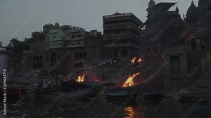 Cremation Burning Ceremony At The Holy Ghats In Varanasi India At Night