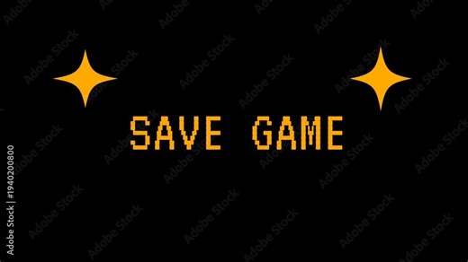 Retro video game interface displaying save game message with glittering star effects. 4K video animation for video game.
