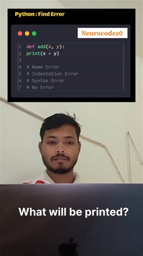 Shobhit Kumar on Instagram: "Day 48 { 100 Day 150 Reels } Challenge Accepted No excuse no stress Eat code sleep repeat . . ⚡Daily Python Challenge⚡ Comment your answer now ⬇️ — fastest coder gets pinned 🏆 Ready to level up your coding game? 🚀 “Brands: DM ‘Promo’ for collaboration” Follow @neurocodez0 #neurocodez0 #PythonCoding #PythonProgramming #LearnPython #DailyPython #CodeChallenge #PythonMCQ #PythonDeveloper #PythonForBeginners #CodeDaily #100DaysOfCode #programminglife #CodingQuiz"
