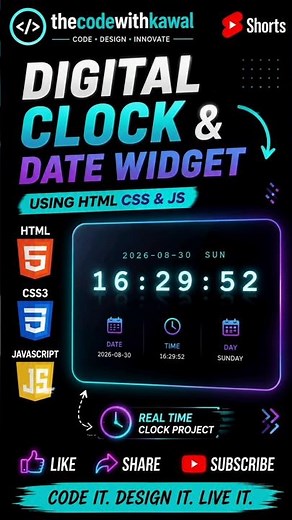🔥 Digital Clock & Date Widget Using HTML CSS JavaScript | Real-Time Clock #shorts