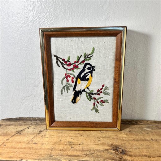 Vintage Bird and Branch Embroidered Framed Picture: Retro Fiber Art - Etsy