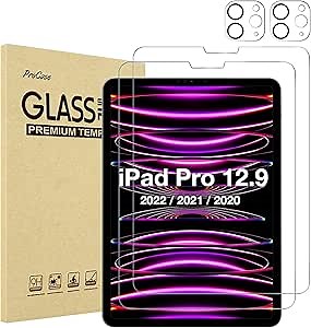 ProCase 2+2 Pack Screen Protector for iPad Pro 12.9 inch 6th 5th 4th Generation 2022 2021 2020 with Camera Lens Protector, Tempered Glass Film Guard for iPad Pro 12.9" -Clear