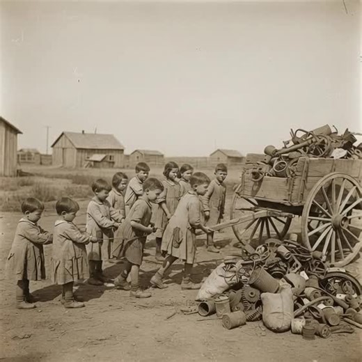 During the challenging 1930s, children across America often contributed to community efforts, as depicted in this sepia-toned image of youngsters diligently collecting scrap metal. These drives were vital for recycling resources and fostering civic engagement, particularly during economic hardships. The photograph serves as a poignant reminder of collective resilience and the early lessons in public service taught to a generation.