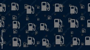 Gas station symbols float horizontally from left to right. Parallax fly effect. Floating symbols are located randomly. Seamless looped 4k animation on dark blue background