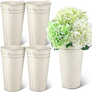 Irenare 12 Inch Vintage Galvanized Flower Bucket Metal Flower Vase Farmhouse French Bucket Planter Metal Floral Container for Party Table Centerpiece Weddings Home(White,4 Pcs)