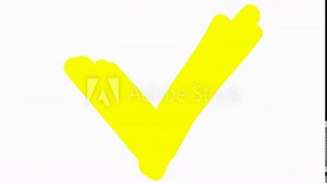 Animated yellow icon of check mark drawn with marker. Hand drawn symbol appears. Vector illustration isolated on white background.