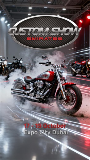 Custom Show Emirates on Instagram: "What’s waiting for you at Custom Show Emirates 2025? Next up: two wheels, endless imagination. These custom bikes redefine style and power. 🏍️💨 Witness the region’s best builders showcase insane custom bikes — chrome, carbon, and attitude. It’s more than a show… it’s a lifestyle. 🔥 Happening at Custom Show Emirates 2025 — Dubai Expo City, October 17–19. #CustomShowEmirates #CSE2025 #DubaiEvents #CarShow #BikeShow #CustomCars #CustomBikes #GlobalCarCulture #