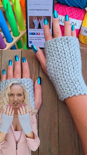 Naztazia on Instagram: "Crochet fingerless gloves, in this tutorial from Naztazia, keep hands warm while allowing you to type. They are easy to make using a simple folded square and just one seam. #crochet #knitting #yarn #crochettutorial #naztazia"