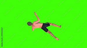4k animation of a healthy boy swimming, and diving in a pool loop with top camera on green screen, The 3D character of a young boy floating rendering in shorts without a shirt and shoes on chroma key Stock Video