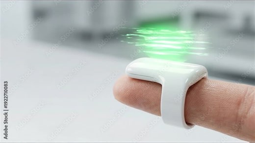 Finger ring biometric scanner fingerprint technology security identification white wearable device health technology medical gadget digital display glucose monitor sensor healthcare innovation