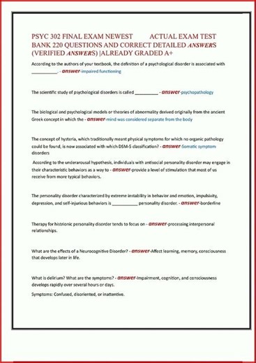 Psyc 302 Final Exam Newest Actual Exam Test Bank 220 Questio video