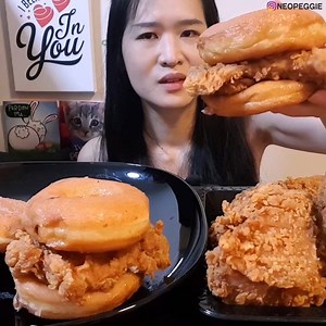 54K views · 76 shares | Eating KFC's Donut Chicken Sandwich! It's not available here in SIngapore, so I made it myself using Dunkin Donut! Have you tried the donut sandwich yet? It was so good! :D Full video: https://bit.ly/2WcAqg0 | Peggie Neo | Facebook