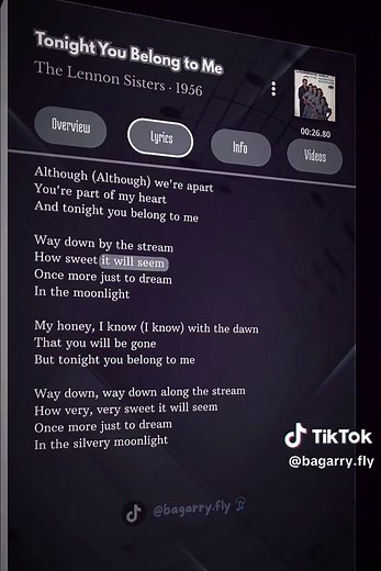 Tonight You Belong to Me 🎧🎶 || Lyrics - The Lennon Sisters . 1956 . . . #tonightyoubelongtome #trending #lyrics_songs #bagarry_fly #foryou