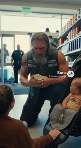The security guard tackled the sobbing mother at the grocery store exit, twisting her arm behind her back over a stolen can of baby formula. Everyone stood around filming with their phones as the woman begged, screaming that her baby was starving, but the guard just tightened his grip, acting like he’d caught a bank robber. Then the automatic doors slid open and the sunlight was blocked by a human eclipse—a biker so large he had to duck to enter, his leather vest straining against muscles that l