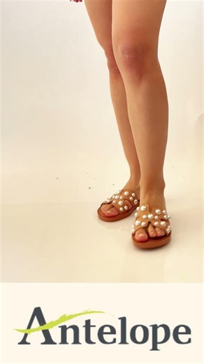 Pearl-Studded Leather Slide Sandals | Boho Tan Flats