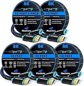Maximm HDMI Extension Cable Male to Female (10 Feet, 5 Pack), 8K & 10K Ultra HD, High-Speed, HDCP, ARC, 3D, 1080p to 2160p Video, 50Gbps Bandwidth